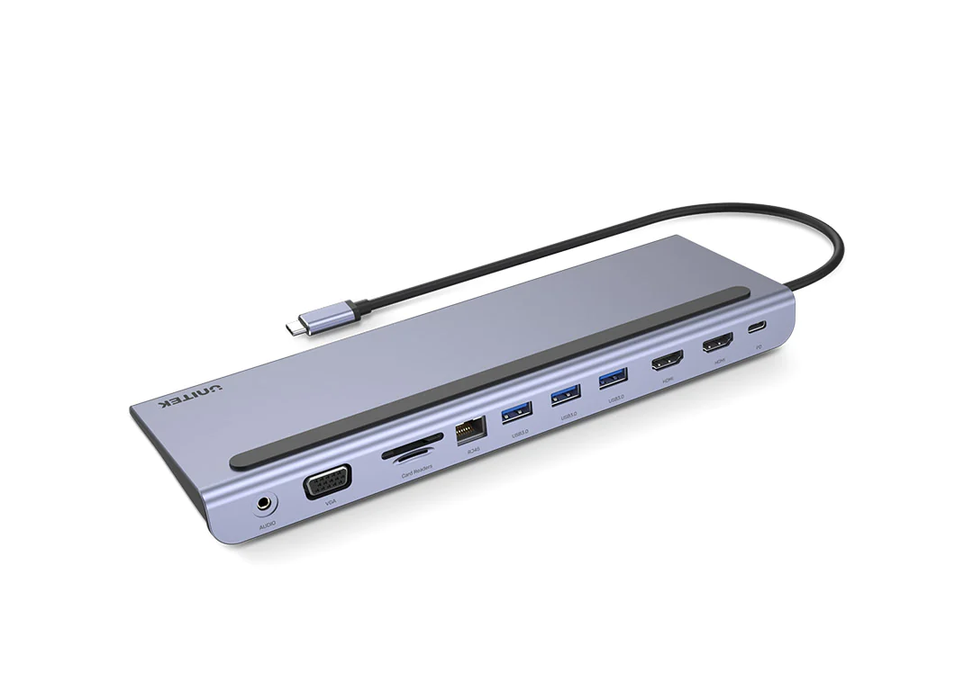 uHUB chia 7 trong 1 Type-C -> USB-A + CardReader + 3.5mm + HDMI + VGA + LAN + PD 100W UNITEK D1022B