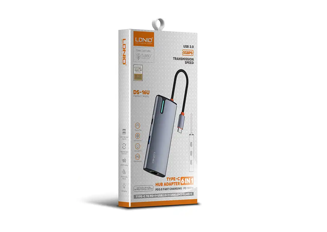 Hub chia 3 trong 1 TYPE-C -> USB + LAN + PD100W LDNIO DS-16U