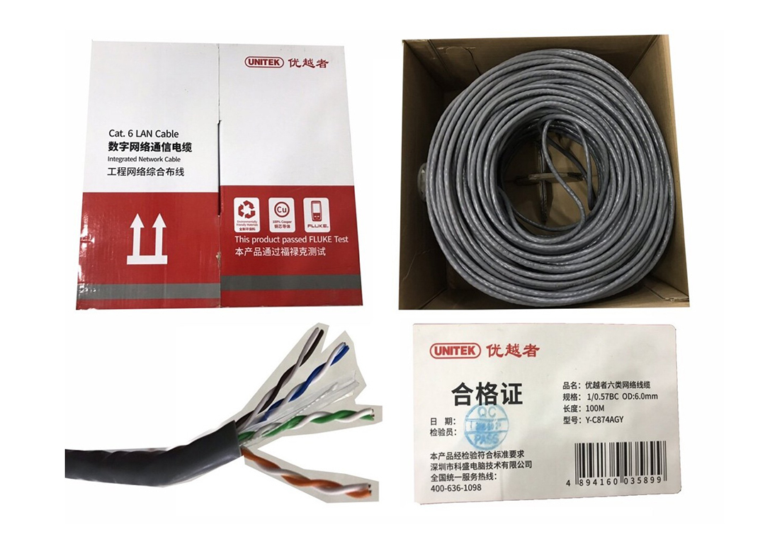 Cáp Cat6e UTP 0.57BC OD6.0mm dài 100m UNITEK Y-C874AGY