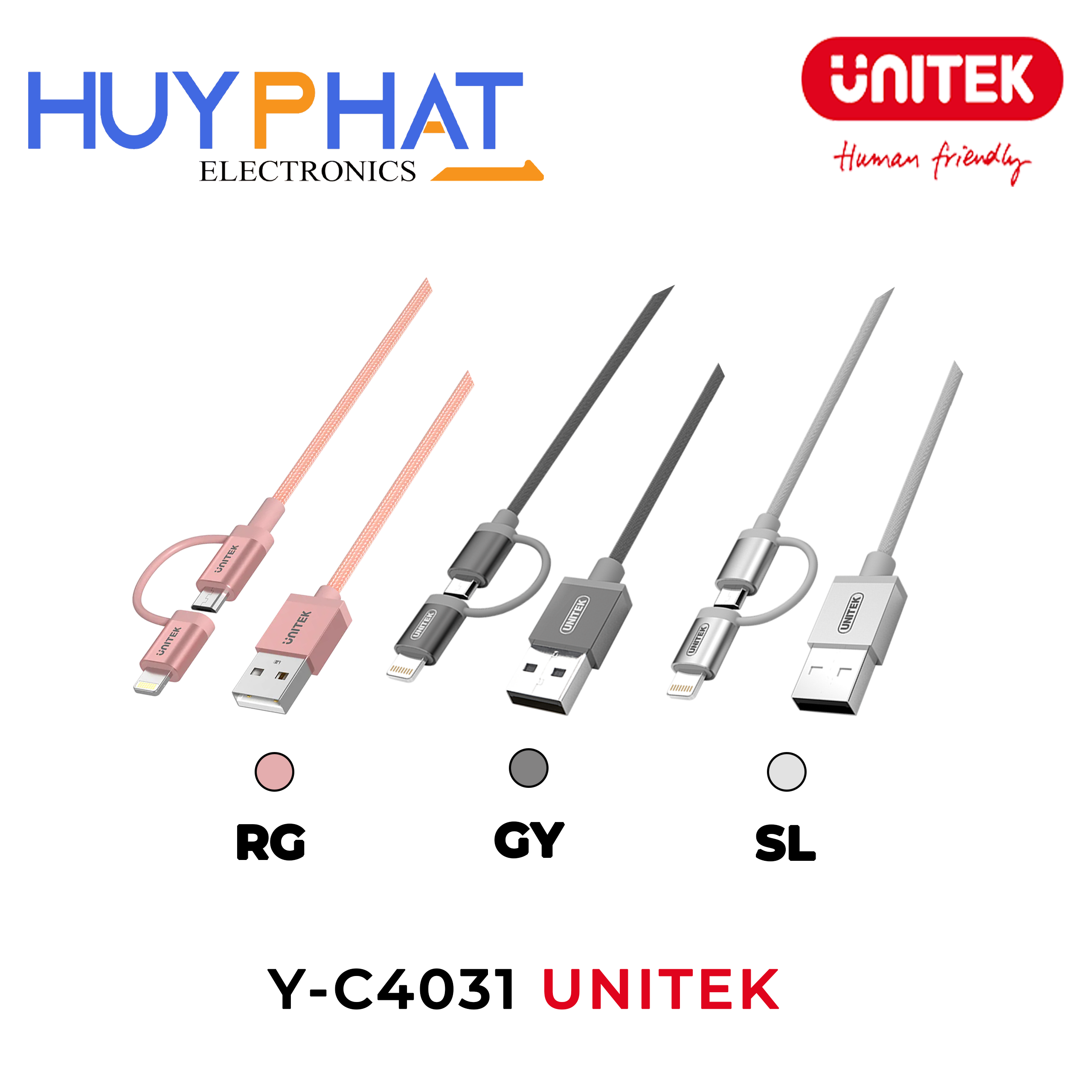 Cáp USB 2.0 -> Lightning + Micro USB 3 màu UNITEK Y-C4031