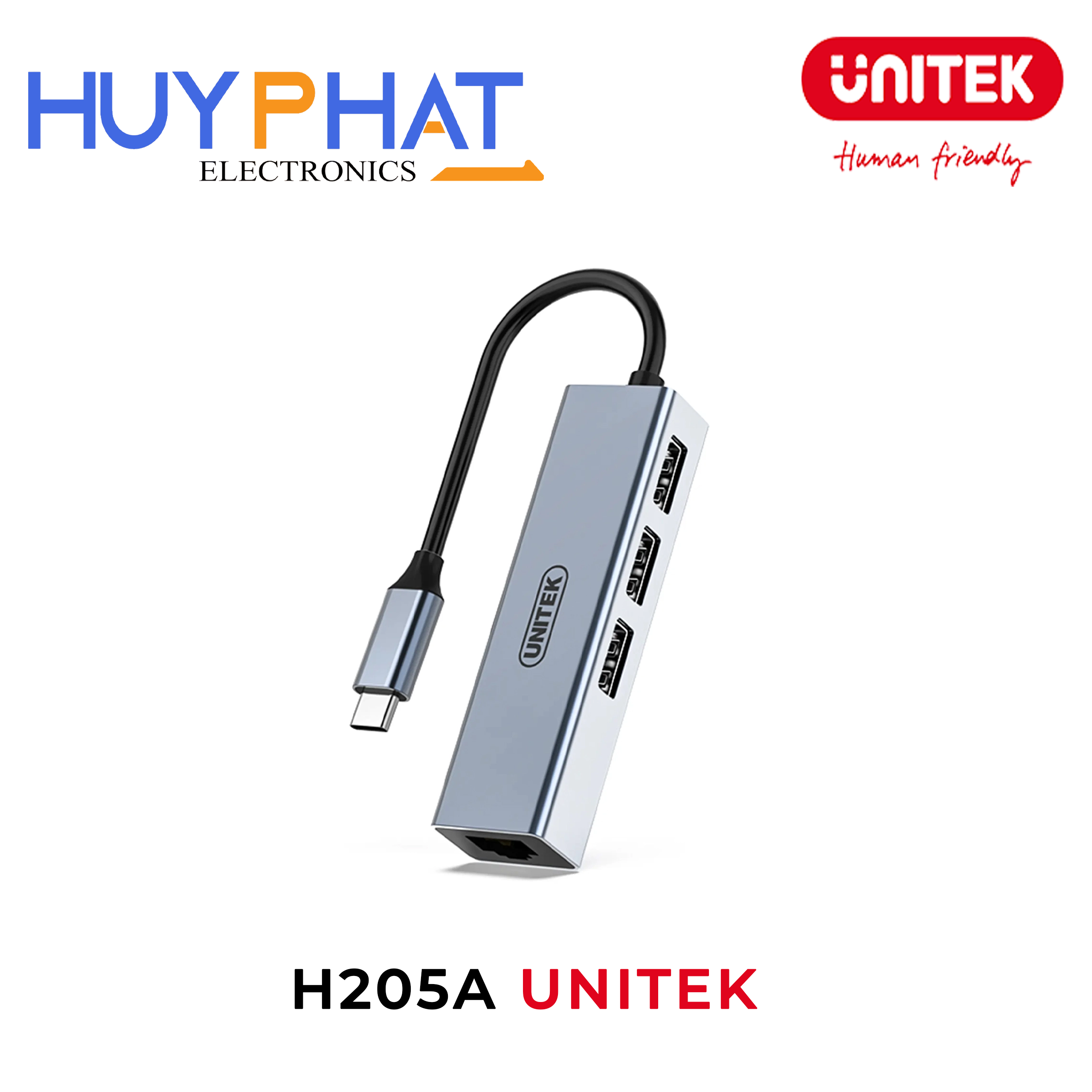 Bộ chuyển đổi 4 cổng Type-C -> USB2.0 + LAN H205A UNITEK H205A