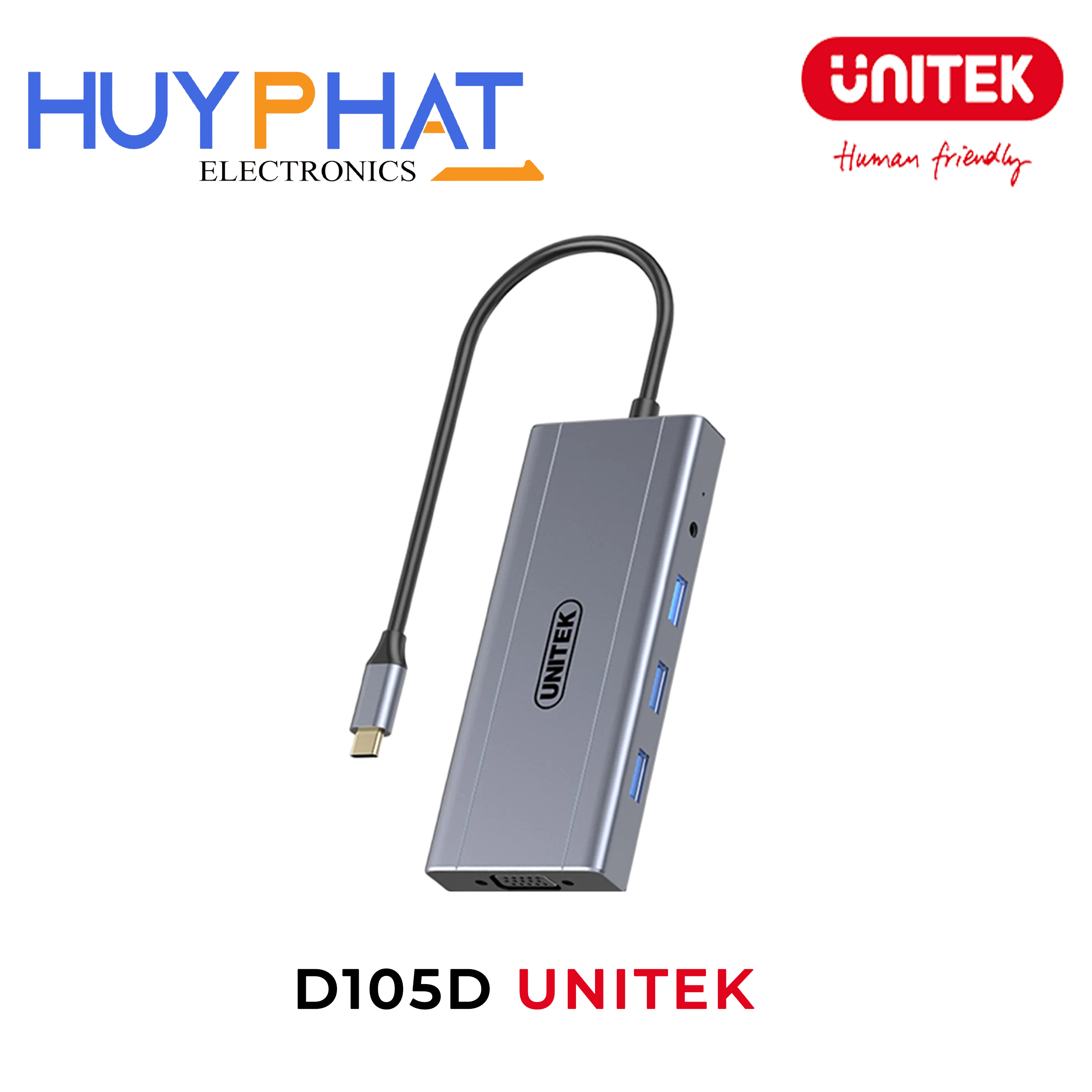 Bộ chuyển đổi 10 cổng Type-C ->USB 3.0 + HDMI 4K@30Hz + VGA 1080p@60Hz + AUDIO + PD100W UNITEK D105D