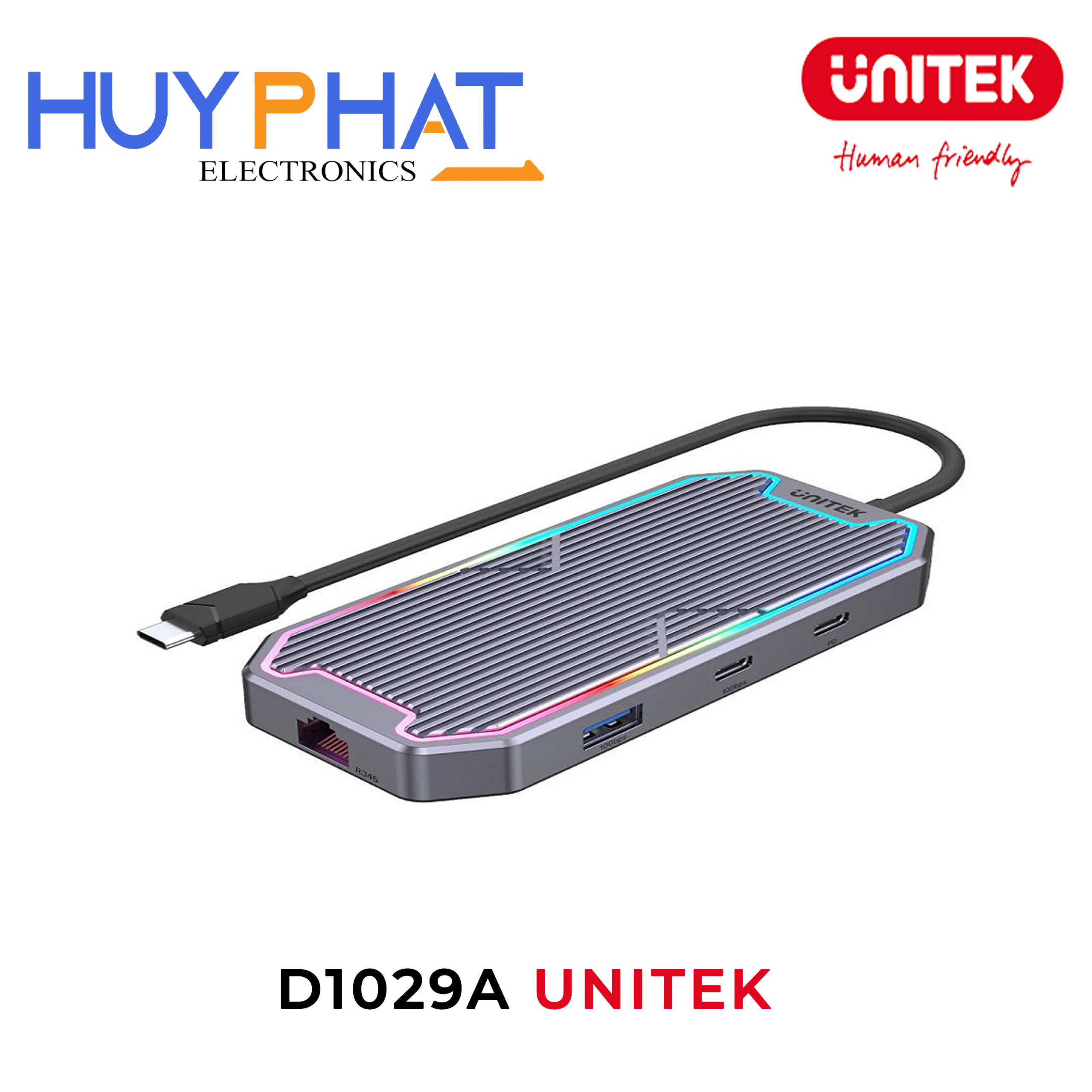 Bộ chuyển đổi 7 cổng Type-C -> HDMI 4K@60Hz + 3.5mm + USB 3.0 + LAN + PD 100W RGB UNITEK D1029A