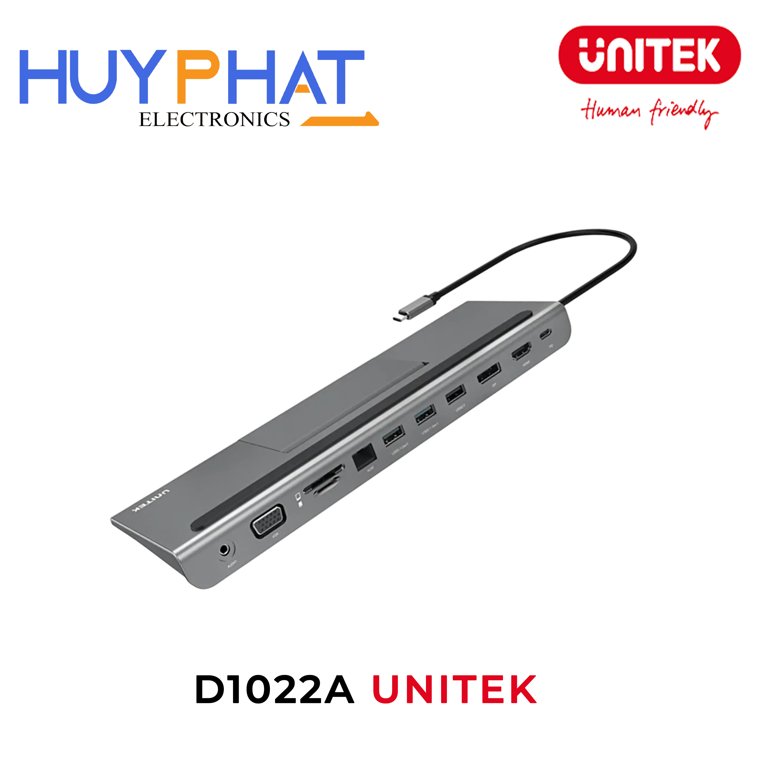 Bộ chuyển đổi 7 cổng Type-C -> USB 3.1 + HDMI 4K@30Hz + DP + VGA + LAN + TF/SD + LAN + PD 100W UNITEK D1022A