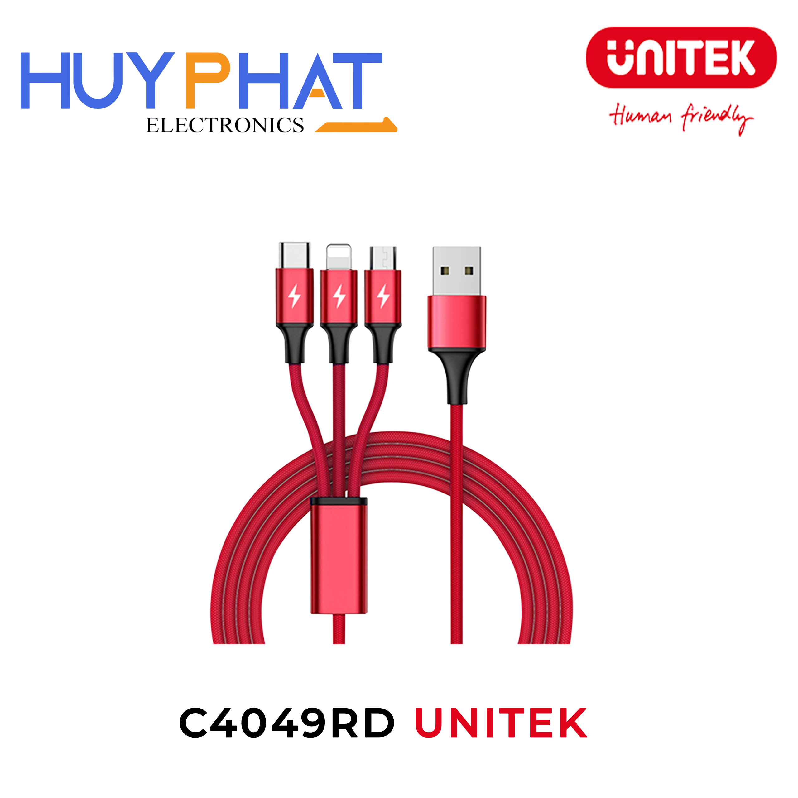 Cáp sạc 3 cổng USB-A -> Type-C + Micro USB + Lightning UNITEK C4049RD